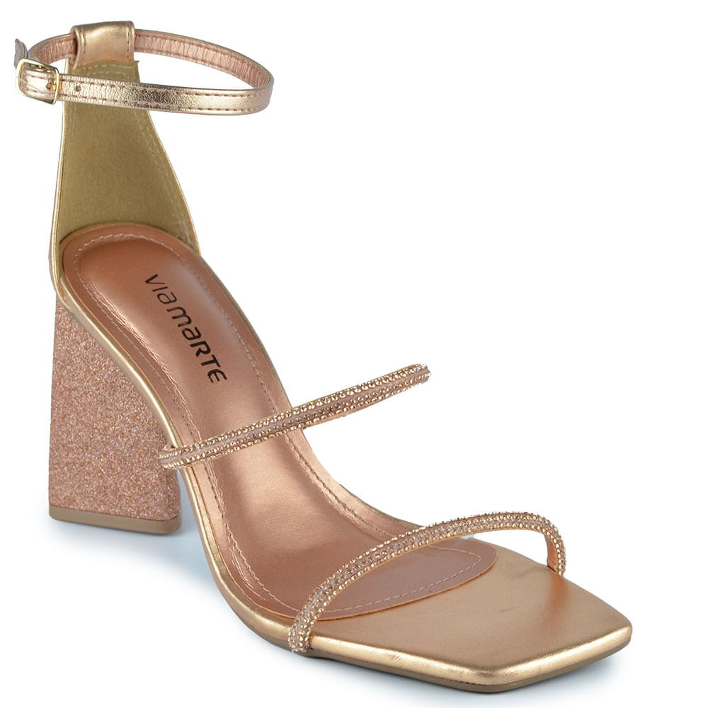 Sandália Feminina Via Marte Salto Alto Geométrico Strass Brilho
